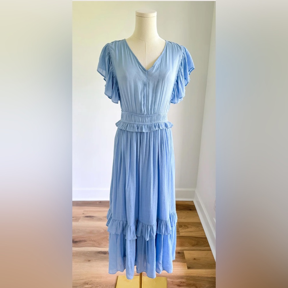 Blue Ruched Flutter Sleeve Midi Sundress